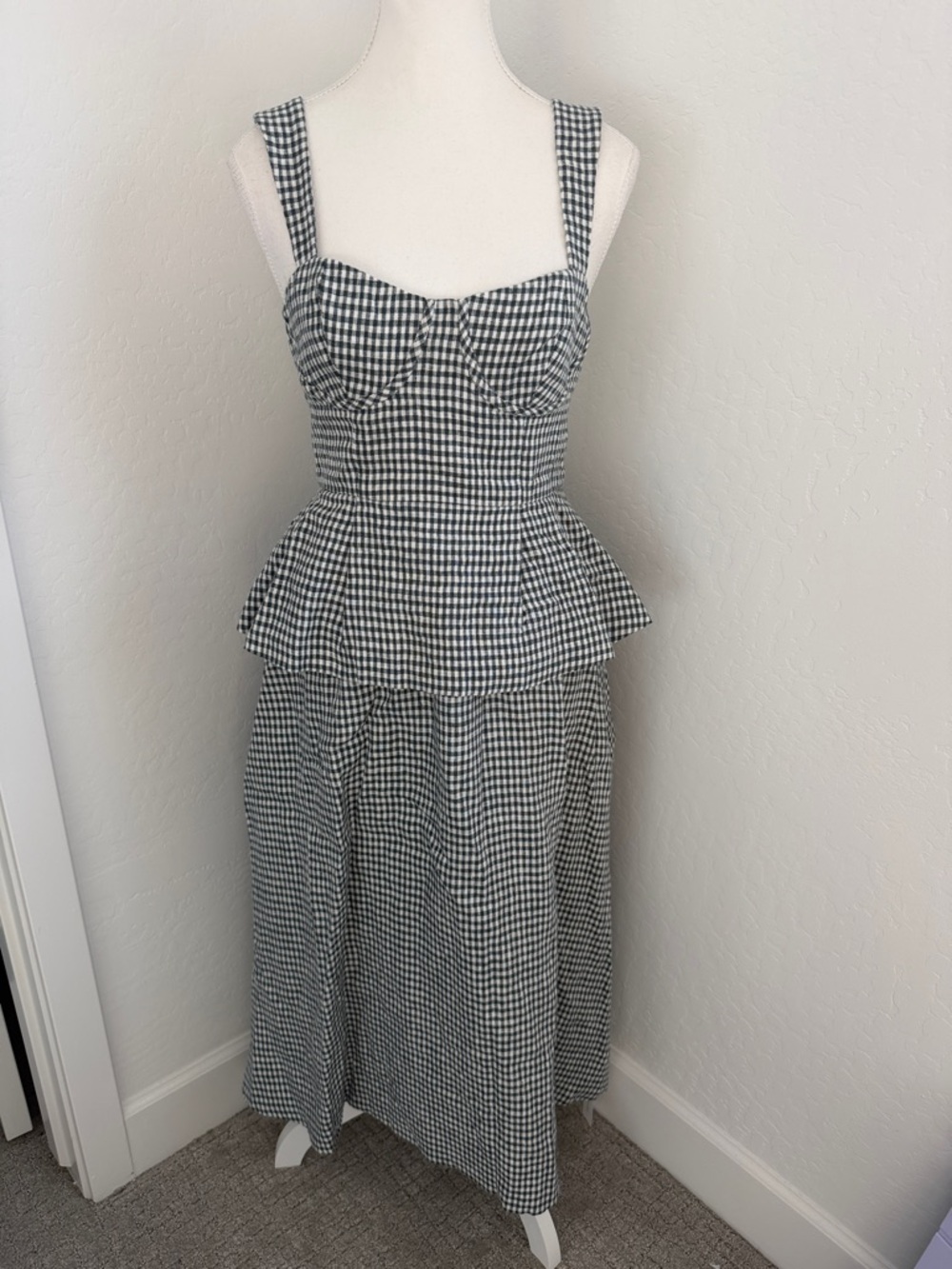 Reformation Misty Linen Gingham Peplum Midi two piece set-skirt and top NWT
